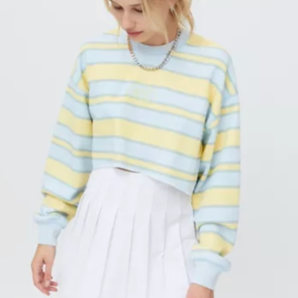 BDG Saddie Cropped Sweatshirt Pullover yellow blue striped Large